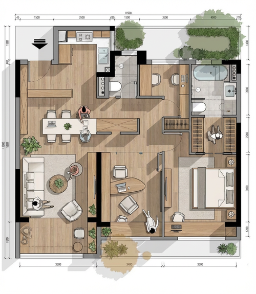 请参照第二张图的风格,把第一张图绘制成彩色平面图。