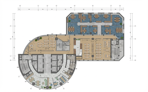 这是一个办公空间的平面图,请帮我绘制成现代简洁风格的彩色平面。