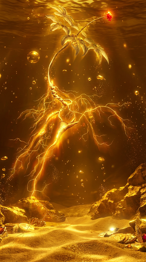 参考图的野山参提取出来,放在金色的酒汁海底中,闪耀着宝藏的光芒