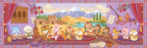 请生成一张全景式长卷插画,比例3:1,视觉风格为装饰性扁平矢量、无描边纯色块。画面中必须严格保留我设计的12个生肖与十二木卡姆乐器结合的IP形象(每个形象的造型、乐器、配色、服饰均不得改变),且角色不能呆板站立,要有互动与灵动感——它们或并肩合奏、或相视而笑、或追逐嬉戏、或翩翩起舞,彼此有眼神与动作呼应。构图采用前景、中景、背景多层级:前景为艾德莱斯绸纹样装饰的舞台,12个IP形象错落分布;中景为维吾尔族传统建筑(雕花木窗、土黄民居)与西域山水(沙丘、绿洲、胡杨);背景为天山雪峰与祥云纹样。四周装饰连续的几何花卉、蔓草纹及艾德莱斯绸条纹。画面中大量融入木卡姆文化元素:散落的乐器、乐谱卷轴、石榴枝、巴旦木纹、艾德莱斯飘带,以及花帽、刺绣靠垫、铜壶等生活器物。色彩以薰衣草紫、石榴红、沙漠金、天山雪白、喀纳斯湖蓝为主调。艺术调性为国潮民族风、非遗文化感、热闹喜庆、治愈可爱,光影温暖柔和,细节丰富不杂乱。画风参考我提供的第二、三张参考图,第三张的画风更加贴近第二,三张IP形象可适度适配画风但核心元素不变。