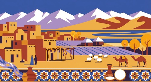超长卷新疆风景插画,比例5:1,埃米利亚诺·庞齐风格,极简主义几何造型,大胆色彩对比(土黄、砖红、薰衣草紫、宝石蓝、胡杨金、雪白),高分辨率矢量手绘,无渐变纯色块。内容:吐鲁番生土民居、喀什土黄街巷、伊犁木屋毡房、天山几何雪峰、巴音布鲁克河流曲线、沙漠沙丘波浪、胡杨林几何树冠、薰衣草田紫色块、葡萄藤架、艾德莱斯绸飘带、土陶罐、手鼓、羊群和骆驼(极简几何形)。无清真寺尖顶、无月亮星星任何宗教符号。前景为装饰性几何花卉边框,中景建筑与人物错落,背景为雪峰沙丘。氛围:世俗西域风情,热闹宁静,精细纹样,高分辨率。
