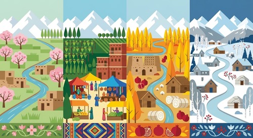 超长卷新疆绿洲四季插画,比例5:1,埃米利亚诺·庞齐极简几何风格,纯色块无渐变。从左到右依次为春、夏、秋、冬:左侧春季粉杏花、嫩绿草地、土坯房、溪流;左中夏季浓绿葡萄沟、高台民居、大巴扎(彩棚、陶罐、铜器、艾德莱斯绸、手鼓、热瓦普、瓜果摊);右中秋季金黄胡杨、红石榴、葡萄干晾房、木屋、棉花垛;右侧冬季天山雪峰、积雪村庄、木屋毡房、白杨树、红浆果。建筑元素:土黄雕花木门民居、晾房、凉棚、毡房。无沙漠,无清真寺尖顶,无月亮星星。前景为艾德莱斯飘带和几何花边框,背景天山雪峰。四季间用河流与树木自然过渡。色彩:春嫩绿粉,夏翠绿砖红,秋金黄橙红,冬雪白灰蓝。高分辨率矢量,热闹治愈,大巴扎生活气息。