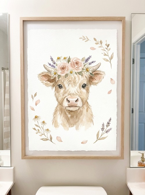 A fluffy baby Highland cow wearing a delicate wildflower crown, soft loose watercolor illustration, warm beige and blush pink color palette, centered composition with generous white space, large gentle dreamy eyes, fine fur texture, botanical elements scattered around, cozy and whimsical mood, white textured paper background, portrait orientation 3:4, bathroom wall art style --ar 3:4 --style raw