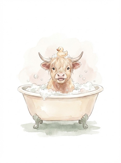 Adorable fluffy Highland cow calf sitting in a vintage white clawfoot bathtub filled with soap bubbles, wearing a tiny rubber duck bath cap, soft watercolor painting style, pastel color palette (warm cream #F5E6D3, dusty rose, sage green), playful and cozy atmosphere, centered composition, delicate loose brushstrokes, white background with subtle watercolor wash, portrait 3:4 ratio --ar 3:4