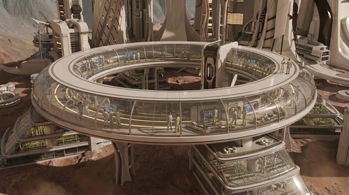 以当前火星未来基地中的环形建筑空间为基础,保留原有建筑结构、环形玻璃空间、整体构图、材质、光照和透视关系不变,在这个环形空间以及连接通道内部增加适量人物活动痕迹,让画面呈现出“这个空间正在被使用”的感觉。人物数量不要过多,以少量分布自然的未来基地人员为主,可以出现在环形步道、玻璃通道、平台边缘和内部工作区域。人物体量要符合建筑尺度,不能过大,重点表现人与空间之间的比例关系,增强场景真实感与生活感。人物身份可设定为火星基地研究人员、技术工程师、巡视人员或居住区工作人员,服装风格统一为高级未来工作制服或轻量化功能服,颜色以白色、浅灰、米白、浅卡其和少量低饱和科技色点缀为主,整体简洁、精密、克制,不要夸张机甲感,不要低幼,不要过强赛博朋克。人物动作应自然分散,例如缓慢行走、驻足交谈、查看透明终端、巡视植物舱、在玻璃通道中穿行、站在窗边观察外部环境等,营造出安静有序、正在运行中的高端火星基地氛围。可适度加入少量室内生活化细节,例如远处的工作台灯光、透明屏幕交互、局部有人影经过的感觉,但整体依然保持整洁、空灵、未来感和秩序感。画面重点不是拥挤的人群,而是通过少量人物让这个环形空间显得有温度、有功能、有真实使用状态,整体效果高级、精致、具有电影感和未来居住实验基地的氛围。