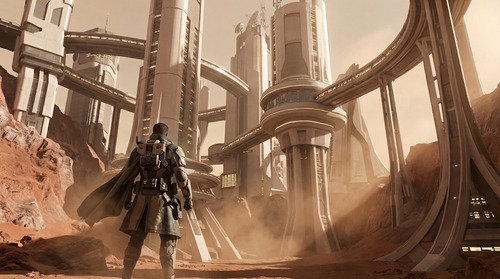 以当前火星峡谷中的未来城市场景为基础,保留原有建筑结构、空间透视、光照氛围和整体构图不变,在画面前景加入一个游戏角色的背影,角色站在地面尘土与岩石之间,面向远处高耸的未来建筑群,形成强烈的史诗感和探索感。角色应位于画面下方偏中央或偏左的位置,体量适中,不遮挡主体建筑,不喧宾夺主,重点突出人物与巨大场景之间的尺度反差。角色姿态要有气势,站姿稳定,略微抬头注视前方,表现出面对火星未来文明遗迹或基地核心时的压迫感、征服感与使命感。角色设计偏高级科幻游戏风,不要臃肿,不要低幼,不要夸张动漫感。服装可为未来探险者、火星殖民者或高级战术风长外套/轻型装甲风格,整体线条利落,轮廓清晰,有功能性细节,例如披风下摆、轻型护甲、机械背包、装备腰带或简洁头盔,但必须保持克制和高级感。角色颜色以深灰、沙色、哑光黑或带少量金属浅色点缀为主,与火星环境和建筑色调协调统一。人物背影边缘可被尘雾和逆光轻微勾勒,增强氛围感与电影感。整体画面应呈现宏伟、肃穆、未来、史诗般的气质,强调前景人物与巨大未来火星建筑之间的视觉张力,像高品质3A科幻游戏概念场景,真实、精致、有力量感。