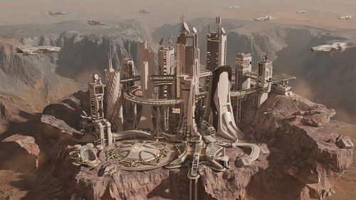 以当前火星峡谷中的未来基地场景为基础,保留主体建筑、整体构图、视角、光照关系和火星地貌不变,只在画面天空的边缘区域适度加入少量未来飞船元素。飞船应位于远景空中,靠近画面上方或两侧边缘,体量不要过大,避免抢夺主体建筑视觉中心。飞船设计要高级、克制、精密,符合火星殖民基地的科技审美,造型流线型、白色或浅灰金属材质,局部带有微弱暖白或冷白灯光,不要过度赛博朋克,不要夸张霓虹,不要卡通感。飞船可以呈现为低速巡航、远距离悬停或有秩序地掠过基地上空的状态,与场景中宏大的未来建筑和火星荒漠环境形成统一的视觉语言。注意飞船必须具有真实的透视关系、尺度关系和空间层次,边缘位置略微虚化,符合远景大气透视效果,融入火星略带尘雾感的天空环境。整体画面仍应保持庄重、安静、宏伟、未来感强的氛围,突出高端火星城市基地的科技文明感,避免画面拥挤,避免军事化,避免战斗场景,强调精英科考基地与未来交通系统的高级感和真实感。