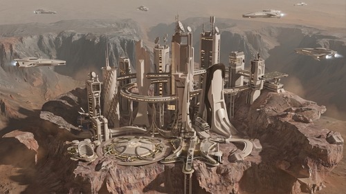 以当前火星峡谷中的未来基地场景为基础,保留主体建筑、整体构图、视角、光照关系和火星地貌不变,只在画面天空的边缘区域适度加入少量未来飞船元素。飞船应位于远景空中,靠近画面上方或两侧边缘,体量不要过大,避免抢夺主体建筑视觉中心。飞船设计要高级、克制、精密,符合火星殖民基地的科技审美,造型流线型、白色或浅灰金属材质,局部带有微弱暖白或冷白灯光,不要过度赛博朋克,不要夸张霓虹,不要卡通感。飞船可以呈现为低速巡航、远距离悬停或有秩序地掠过基地上空的状态,与场景中宏大的未来建筑和火星荒漠环境形成统一的视觉语言。注意飞船必须具有真实的透视关系、尺度关系和空间层次,边缘位置略微虚化,符合远景大气透视效果,融入火星略带尘雾感的天空环境。整体画面仍应保持庄重、安静、宏伟、未来感强的氛围,突出高端火星城市基地的科技文明感,避免画面拥挤,避免军事化,避免战斗场景,强调精英科考基地与未来交通系统的高级感和真实感。