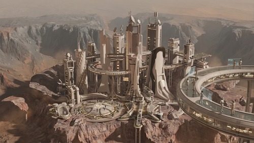 以当前火星未来基地中的环形建筑空间为基础,保留原有建筑结构、环形玻璃空间、整体构图、材质、光照和透视关系不变,在这个环形空间以及连接通道内部增加适量人物活动痕迹,让画面呈现出“这个空间正在被使用”的感觉。人物数量很少,零星几个,以少量分布自然的未来基地人员为主,可以出现在环形步道、玻璃通道和内部工作区域。人物体量要符合建筑尺度,不能过大,重点表现人与空间之间的比例关系,增强场景真实感与生活感。人物身份可设定为火星基地研究人员、技术工程师、巡视人员或居住区工作人员,服装风格统一为高级未来工作制服或轻量化功能服,颜色以白色、浅灰、米白、浅卡其和少量低饱和科技色点缀为主,整体简洁、精密、克制,不要夸张机甲感,不要低幼,不要过强赛博朋克。人物动作应自然分散,例如缓慢行走、驻足交谈、查看透明终端、巡视植物舱、在玻璃通道中穿行、站在窗边观察外部环境等,营造出安静有序、正在运行中的高端火星基地氛围。可适度加入少量室内生活化细节,例如远处的工作台灯光、透明屏幕交互、局部有人影经过的感觉,但整体依然保持整洁、空灵、未来感和秩序感。画面重点不是拥挤的人群,而是通过少量人物让这个环形空间显得有温度、有功能、有真实使用状态,整体效果高级、精致、具有电影感和未来居住实验基地的氛围。