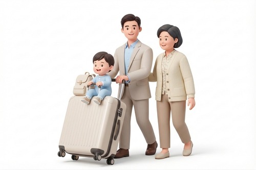根据参考图风格,生成一家三口旅行场景,其中小孩坐在旅行箱上,都穿浅色衣服,白色背景
