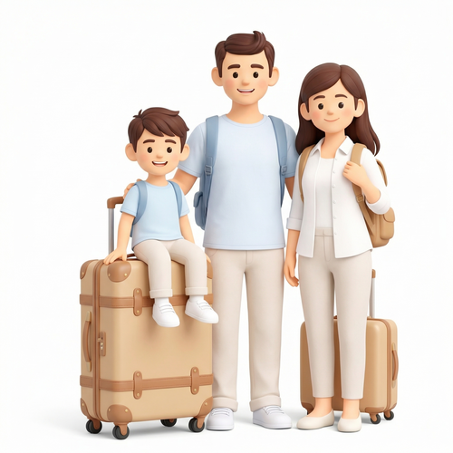 根据参考图风格,生成一家三口旅行场景,其中小孩坐在旅行箱上,都穿浅色衣服,白色背景