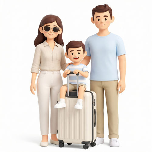 根据参考图风格,生成一家三口旅行场景,其中小孩坐在旅行箱上,妈妈带太阳镜,都穿浅色衣服,白色背景
