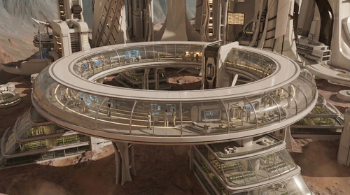 以当前火星未来基地中的环形建筑空间为基础,保留原有建筑结构、环形玻璃空间、整体构图、材质、光照和透视关系不变,在这个环形空间以及连接通道内部增加适量人物活动痕迹,让画面呈现出“这个空间正在被使用”的感觉。人物数量很少,零星几个,以少量分布自然的未来基地人员为主,可以出现在环形步道、玻璃通道和内部工作区域。人物体量要符合建筑尺度,不能过大,重点表现人与空间之间的比例关系,增强场景真实感与生活感。人物身份可设定为火星基地研究人员、技术工程师、巡视人员或居住区工作人员,服装风格统一为高级未来工作制服或轻量化功能服,颜色以白色、浅灰、米白、浅卡其和少量低饱和科技色点缀为主,整体简洁、精密、克制,不要夸张机甲感,不要低幼,不要过强赛博朋克。人物动作应自然分散,例如缓慢行走、驻足交谈、查看透明终端、巡视植物舱、在玻璃通道中穿行、站在窗边观察外部环境等,营造出安静有序、正在运行中的高端火星基地氛围。可适度加入少量室内生活化细节,例如远处的工作台灯光、透明屏幕交互、局部有人影经过的感觉,但整体依然保持整洁、空灵、未来感和秩序感。画面重点不是拥挤的人群,而是通过少量人物让这个环形空间显得有温度、有功能、有真实使用状态,整体效果高级、精致、具有电影感和未来居住实验基地的氛围。